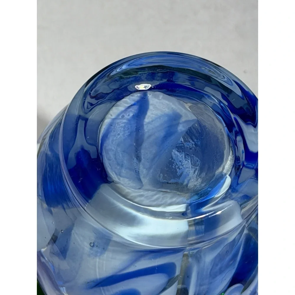 Pier 1 Imports Blue white Swirl Hand Blown Glass Vase with Green Handles